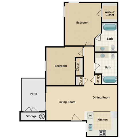Floor plan for 2 beds, 2 baths, 902 sqft